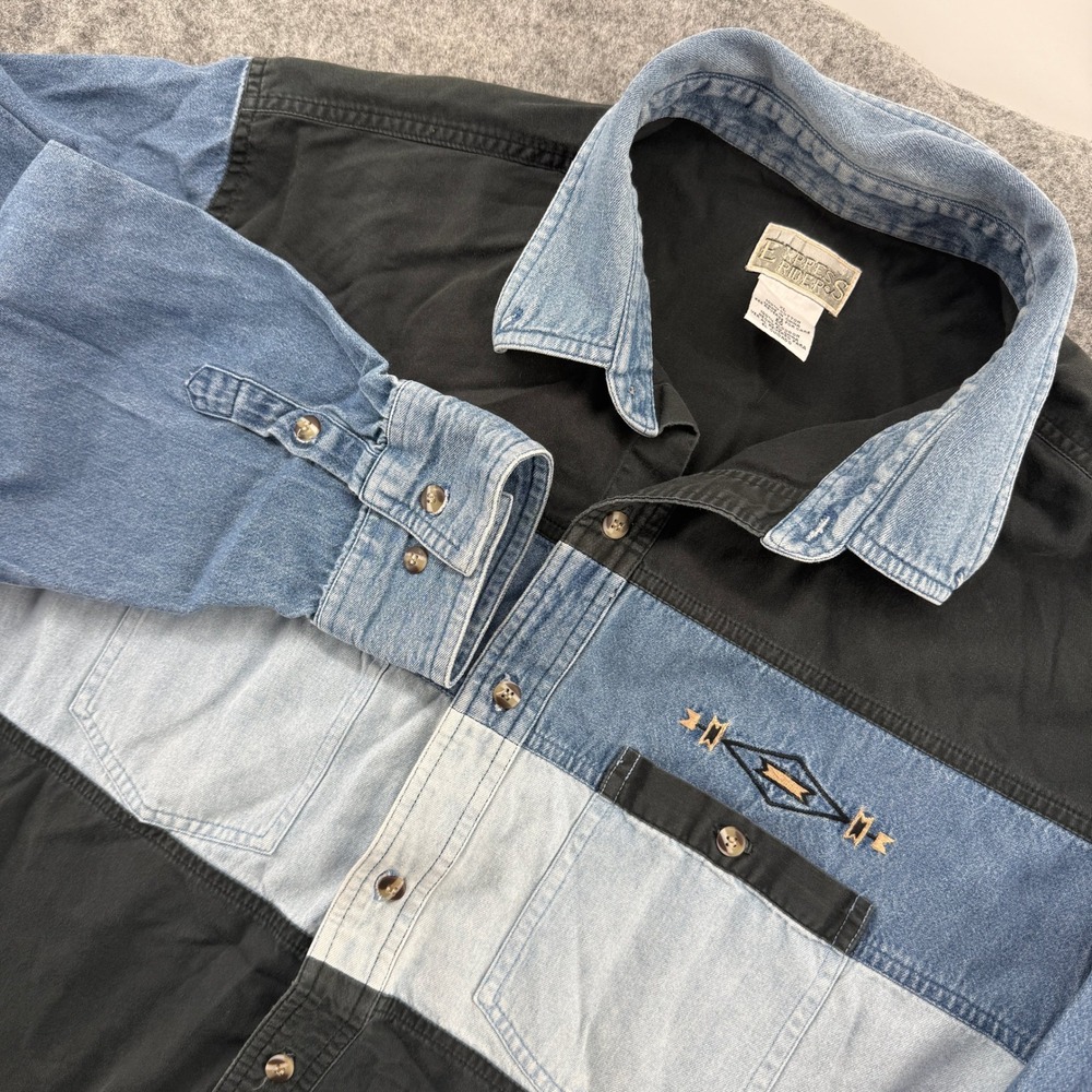 Express Riders Shirt Mens XL‎ Blue Black Colorblock Denim Western Embroidered